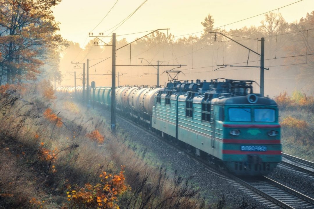 Moving freight train in beautiful forest in fog at sunrise